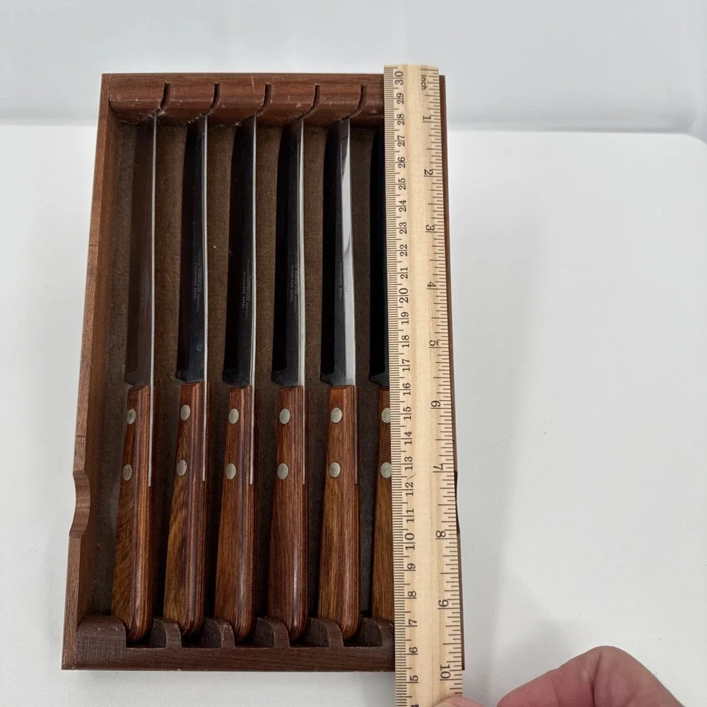 Robinson Hollow Ground Stainless‎ Steel Steak Knives Set of 6 Wood Storage Tray